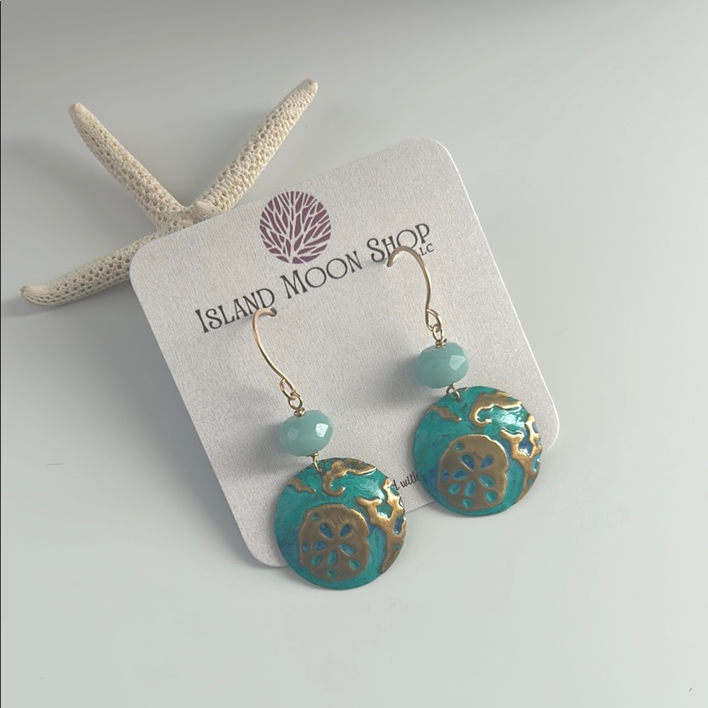 Sand Dollar Hand painted with Chrysocolla Gemstones Dangle Earrings